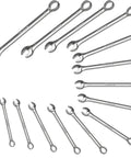 Beefy Metric Wrench Set 15-Piece 8mm To 22mm, Unbreakable Chrome Vanadium Steel With Polycarbonate Handles, arranged in a fan pattern