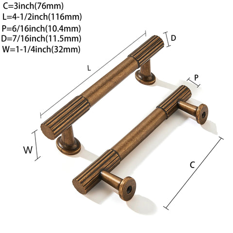 Antique Brass Heavy Duty Cabinet Pulls Ten Pack With 3 Inch Hole Center, detailed view of dimensions and design.