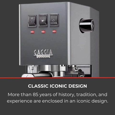 Front view of Classic Evo Pro Grade Espresso Machine With Industrial Grey Finish Made In Italy, compact design.
