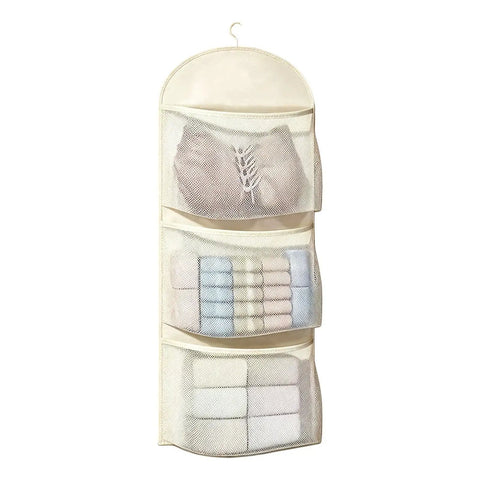 Game Changer Closet Suspending Organizer With Sturdy Metal Hanger And Three Tier Mesh Pockets For Dorm Rooms And Small Spaces To Keep All Items Neat And Tight, featuring three transparent mesh tiers for organized storage.