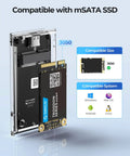 USB 3.0 mSATA SSD Enclosure With USB C To USB C And USB A Cable Slick Transparent Portable External Drive Case Supporting UASP Trim 5Gbps Transfer Up To 2TB Compatible With 3050 mSATA SSD, showing SSD compatibility chart.