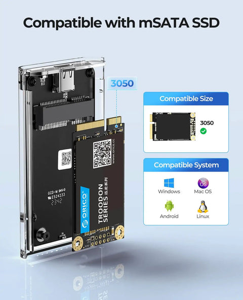 USB 3.0 mSATA SSD Enclosure With USB C To USB C And USB A Cable Slick Transparent Portable External Drive Case Supporting UASP Trim 5Gbps Transfer Up To 2TB Compatible With 3050 mSATA SSD, showing SSD compatibility chart.