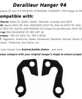 Rear Derailleur Hanger 94 Replacement For GT KHS Mongoose And More Aluminum Alloy Heavy Duty Black Finish Screws Included Easy Install For Mountain And Road Bikes displayed with compatibility list