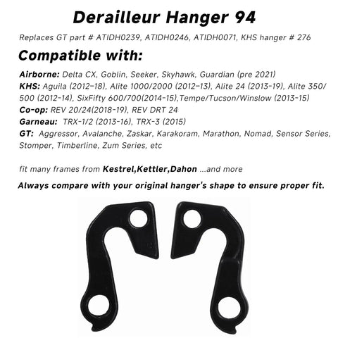 Rear Derailleur Hanger 94 Replacement For GT KHS Mongoose And More Aluminum Alloy Heavy Duty Black Finish Screws Included Easy Install For Mountain And Road Bikes displayed with compatibility list