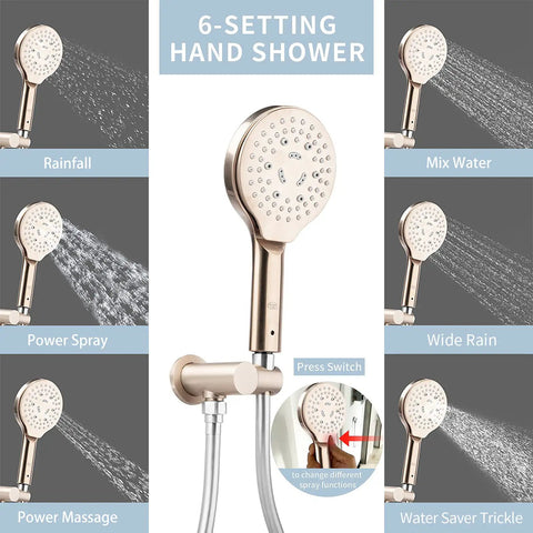 6-setting hand shower from Brushed Nickel Shower Faucet Set Complete Shower System With 6 Inch Rain Shower Head Handheld Spray