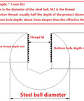Stainless steel threaded piercing ball diagram with M6 thread, bottom hole depth and diameter
