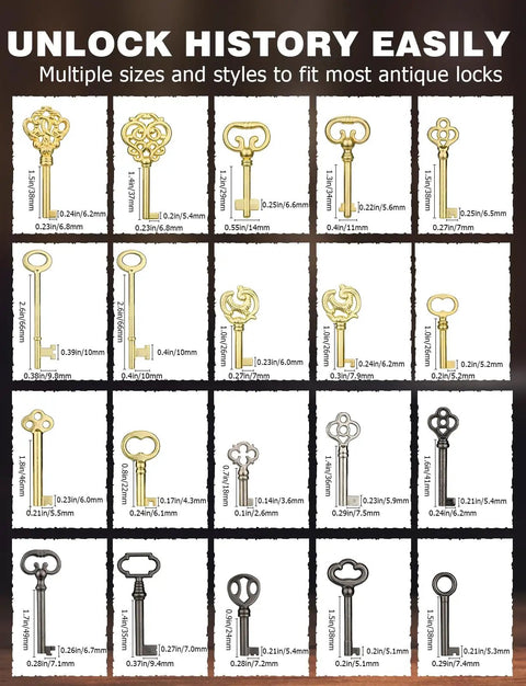Universal Skeleton Key Set 20Pcs For Antique Locks showcasing various key designs and sizes for vintage furniture and doors.