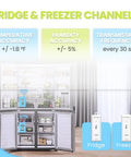 Wireless fridge/freezer thermometer with alarm; two white remote sensors labeled Fridge and Freezer (front view).