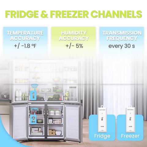 Wireless fridge/freezer thermometer with alarm; two white remote sensors labeled Fridge and Freezer (front view).