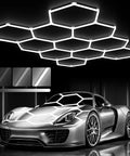 Hexagon Garage Light Fixture With 3 Level Dimmable Brightness, 322W Power, 35,420 Lumen Daylight White 6500K above car