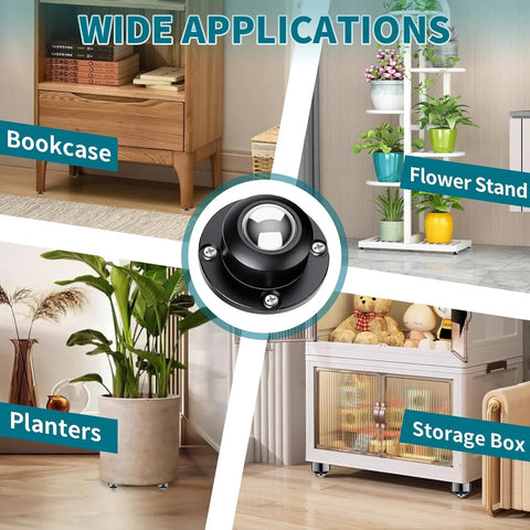 Collage showing Self Adhesive Caster Wheels 1 Inch for Furniture and Kitchen Appliances in use on bookcase, flower stand, planters, and storage box