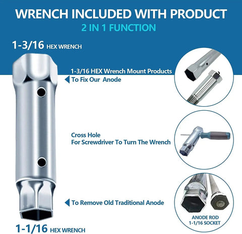 Titanium Water Heater Anode Rod With Wrench Electric Replacement Rod That Eliminates Odor Fits 40 To 89 Gallon Tanks 120VAC To 24VDC Rectifier Longer Lasting Than Magnesium shown with included hex wrench