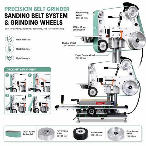 Drop Dead Solid 1500W Belt Grinder Sander 2X72 Variable Speed Floor Machine with flat grinding wheel and sanding belt.