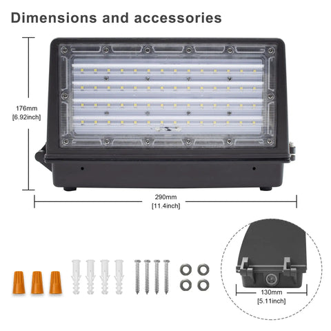 Wall Pack Light 35W Behemoth Bright 4,200 Lumen 5000K Daylight Outdoor Area Light Fixture with dimensions and accessories