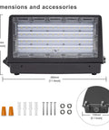 Full Cut Off LED Wall Pack 70W Outdoor Flood Light Delivers 8,400 Lumens At 5000K dimensions and accessories displayed