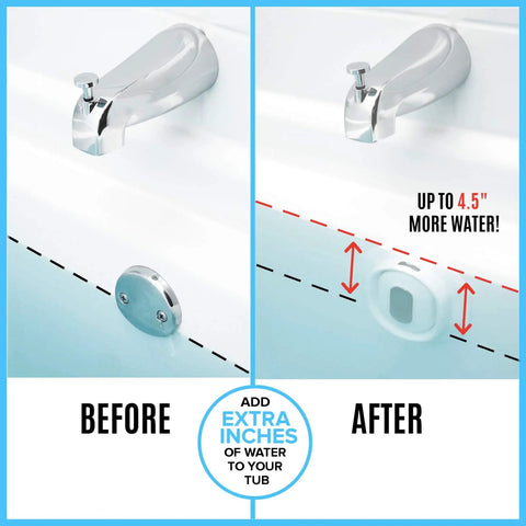 Before and after of adjustable overflow drain cover for deeper baths up to 4.5 inches, fits all drain types, silicone white tub upgrade accessory.