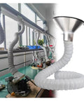 No Fuss Adjustable Fume Extractor Arm With Stainless Steel Hood And Heavy Duty Flexible Smoke Hose close-up in workshop.