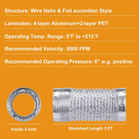 Heavy Duty 4 Inch Flexible Dryer Vent Hose Kit 3 Feet Long With 6-Ply Aluminum Foil Ducting, Extra Thick And Puncture Resistant, Includes 2 Hose Clamps, Safe Up To 215 F, Ideal For Tight Spaces, shown uninstalled on orange background
