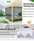 Image comparing a 10x15 Heavy Duty Pop Up Canopy Tent With Sidewalls Pro Grade Gazebo For Outdoor Parties Mosquito Netting Walls Easy Setup Instant Screen Shelter for Backyard Patio Garden Khaki with ordinary sidewall, highlighting removable mesh netting walls.