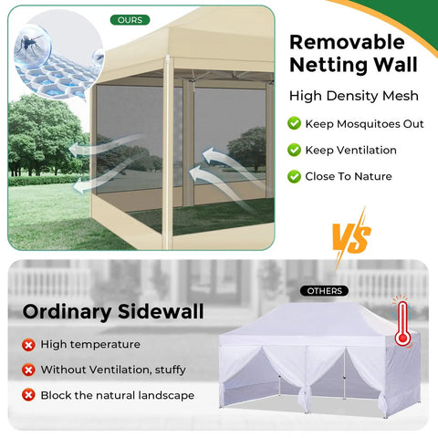 Image comparing a 10x15 Heavy Duty Pop Up Canopy Tent With Sidewalls Pro Grade Gazebo For Outdoor Parties Mosquito Netting Walls Easy Setup Instant Screen Shelter for Backyard Patio Garden Khaki with ordinary sidewall, highlighting removable mesh netting walls.