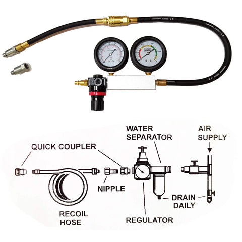Leak-down tester kit for automotive engines with dual gauges, brass fittings and black hose assembly