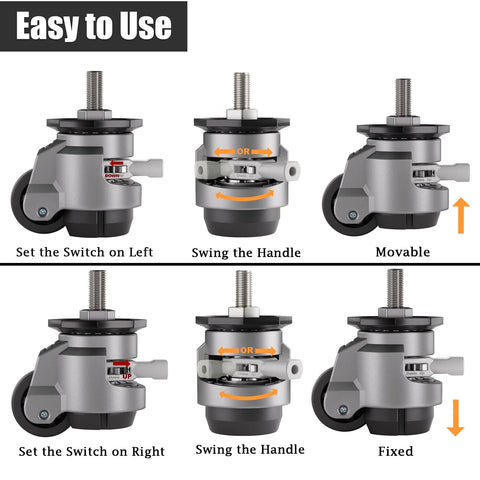 Heavy Duty Stem Leveling Casters Four Pack Beefy 4800 Lb Load Capacity 3 Inch Swivel Casters With Adjustable Leveling Feet And 12 mm Rise 360 Degree Rotation Retractable Industrial Casters For Workbenches Machines Equipment And Furniture