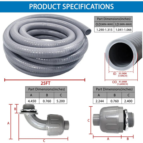 1-1/4 Inch Flexible Liquid Tight Electrical Conduit Kit With 25 Ft Length Includes 4 Straight And 2 Angle Fittings