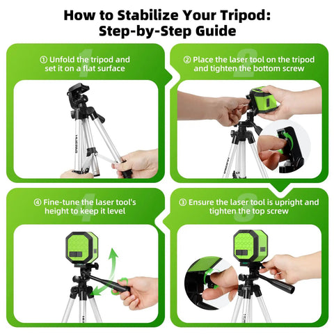 Laser Level With 25.6 Inch Tripod and Rechargeable Battery, Self Leveling 100 Ft Green Cross Line Tool for Picture Hanging, Tile, and Home Renovation, Perfect Fathers Day Gift for Dad and DIY Pro; tripod setup guide
