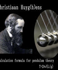Christiaan Huygens portrait with Newtonian pendulum wave illustration, featuring stainless steel balls on strings.