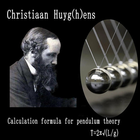 Christiaan Huygens portrait with Newtonian pendulum wave illustration, featuring stainless steel balls on strings.