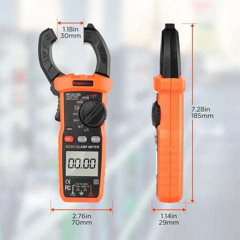 Front and side view of Digital Clamp Meter Multimeter 6000 Counts With Auto Ranging True RMS For AC And DC Current And Voltage size details.