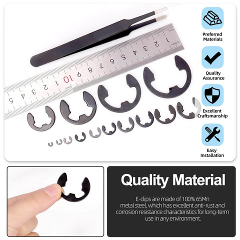 211 Piece E Clip Retaining Ring Set With 14 Sizes 65Mn Steel Heat Treated External Circlips With Tweezers For Gears Machinery And Automotive DIY Projects Durable Retaining Rings shown with a ruler and tweezers