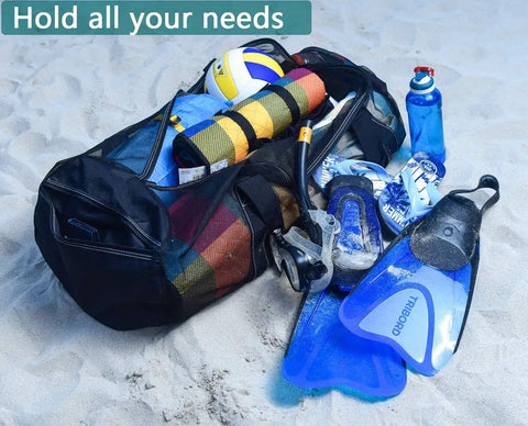 XXL Mesh Duffle Bag For Scuba Snorkel Gear And Water Sports Equipment with fins, mask, and beach gear on sand