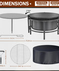 Diagram showing 52 Inch Outdoor Wood Burning Fire Pit Table Combo with 28 Inch Bowl, 26 Inch Rotating Table, cover, poker, and grill brush.