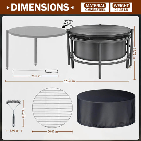 Diagram showing 52 Inch Outdoor Wood Burning Fire Pit Table Combo with 28 Inch Bowl, 26 Inch Rotating Table, cover, poker, and grill brush.