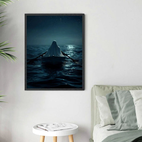 Moody Night Ocean Ghost Rowing Boat Poster Canvas Print With Gothic Minimalist Aesthetic Frame For Living Room And Bedroom Decor Black Framed Wall Art A Bold Statement Piece For Modern Home 24x36 Inches