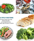 Premium Stainless Steel Veggie Steamer Basket with assorted vegetables and cooked meats, folding expandable design shown.