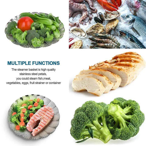 Premium Stainless Steel Veggie Steamer Basket with assorted vegetables and cooked meats, folding expandable design shown.