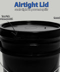 Close-up of black 5 Gallon Airtight Lid Bucket With Gasket For Food Storage Paint Pet Food And More Built Tough Heavy Duty BPA Free Plastic Durable Metal Handle With Grip Stackable And Reusable Made In USA 1 Pack