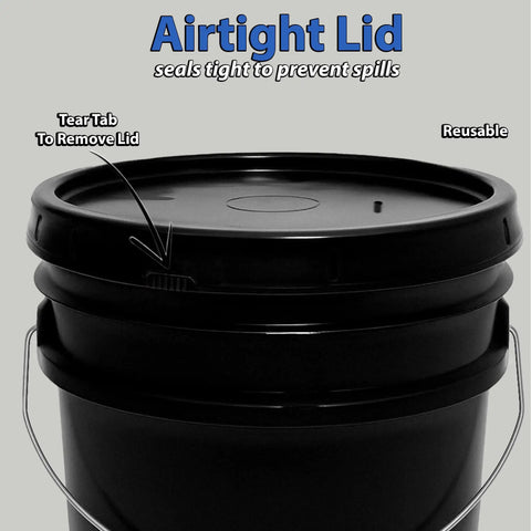Close-up of Three Pack 5 Gallon Buckets With Airtight Lids And Gasket Heavy Duty Food Grade BPA Free Plastic Stackable Storage With Metal Handle For Easy Grabs Made In USA Black, highlighting lid design.