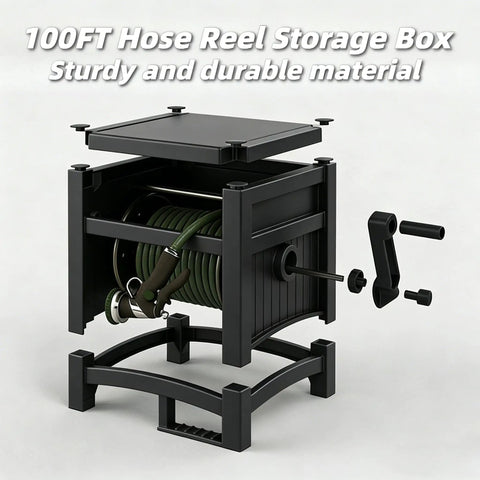 Exploded view of 100 Ft Hose Reel Storage Box With Water Hose Holder, showing internal structure and crank handle, black