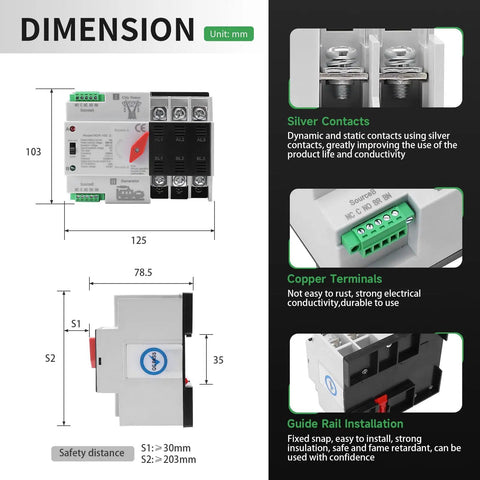 100 Amp 220V Automatic And Manual Transfer Switch 3 Pole Din Rail Mounted Dual Power ATS For Home And RV Solar Ready Auto Changeover Fast Transfer Lightweight Compact Design, 125x103mm dimensions