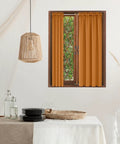 Interior with orange curtains on window using White Swivel Sash Curtain Rods With Brass Ends, Set Of 4 Adjustable 11 to 19 Inches