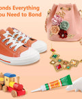 36 Pack 3g Heavy Duty Super Strong Glue Clear Gel Adhesive For All Purpose Bonding Plastic Metal Glass Leather Wood Rubber Jewelry DIY Repairs Instant Fast Dry Tubes with various bonded items like shoes, a purse, and wooden toys.