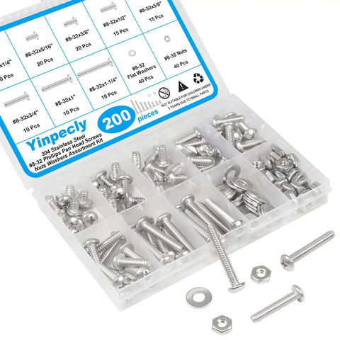 8-32 Phillips Pan Head Machine Screws Nuts Washers Set In 304 Stainless Steel Coarse Full Thread 200-Piece Assortment