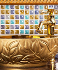 Top Shelf Round Ceramic Vessel Sink For Bathroom Counter Slick Gold Glossy Finish Countertop Wash Basin With Scratch Resistant Glazed Surface For Vanity Cabinet And Fresh Spa Vibes 41 Cm with detailed leaf design.