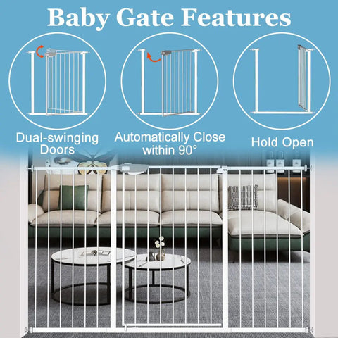 Super Tall Extra Wide Pressure Mounted Baby Gate With Triple Lock System Walk Through Swing Door That Auto Closes For Safety features