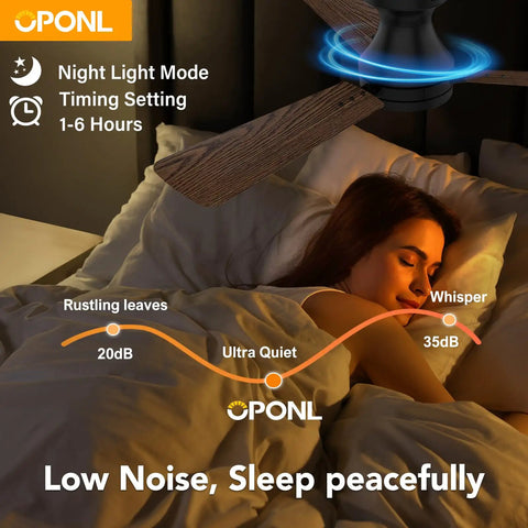 42 Inch Black Ceiling Fan With Light And Remote Control Noiseless Reversible Motor in bedroom setting, woman sleeping peacefully