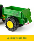 Close-up of Rad Monster Treads Tractor Toy With Wagon Lights And Sounds showing open green wagon for kids 3 years and up.