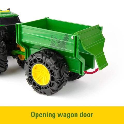Close-up of Rad Monster Treads Tractor Toy With Wagon Lights And Sounds showing open green wagon for kids 3 years and up.